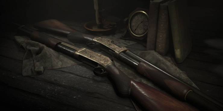 hunt showdown pair of ornate slate shotguns on table