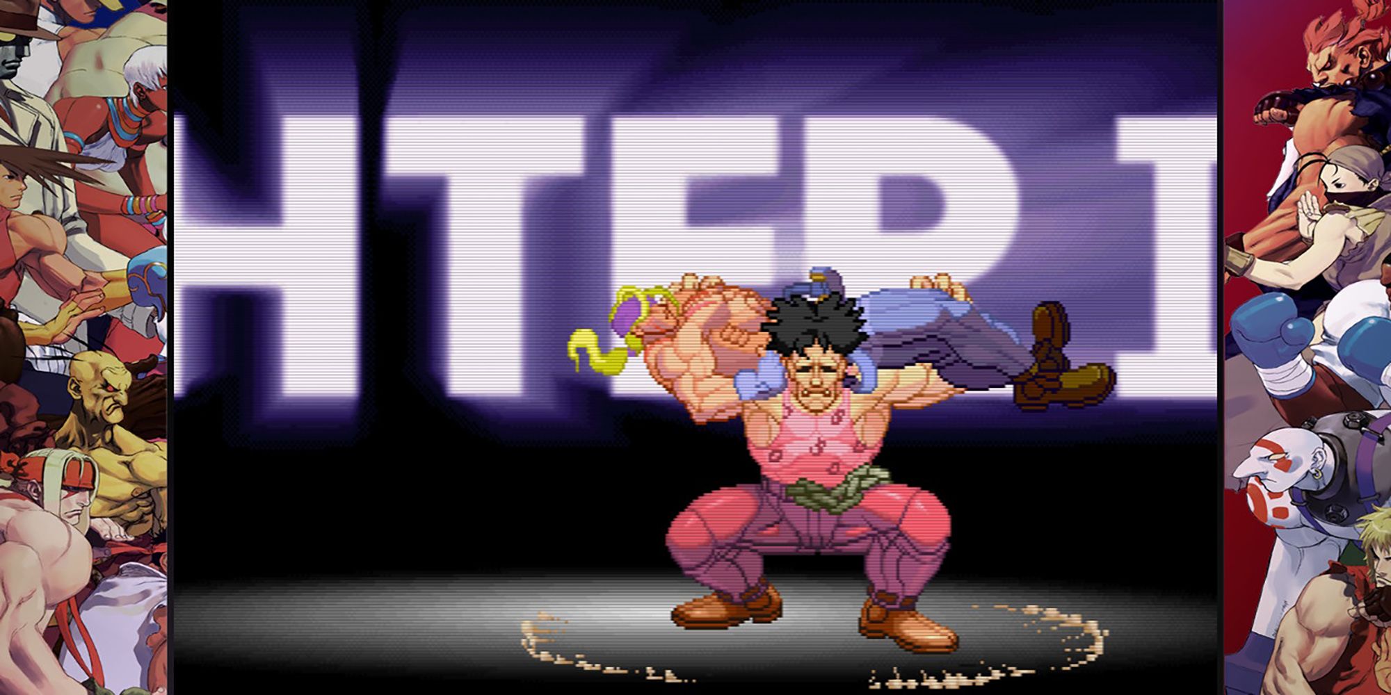 Hugo backbreaks Alex in front of a lit up logo in the Street Fighter 3: 2nd Impact intro.