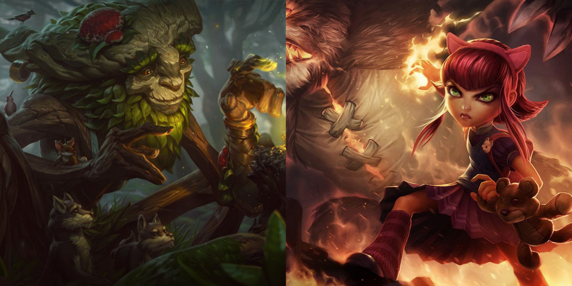 A split image from League of Legends of the champions Ivern and Annie. Ivern is a large, living tree while Annie is a small girl with fire magic and an animated teddy bear.