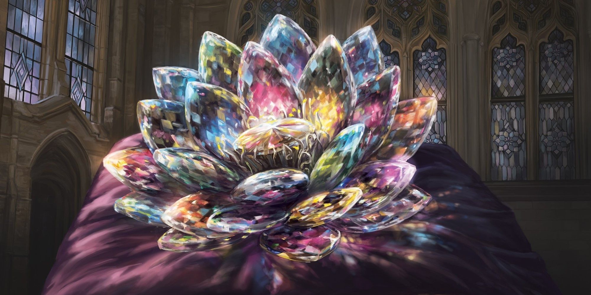 MTG: A glass flower on a cushion in a church, reflecting multicoloured light