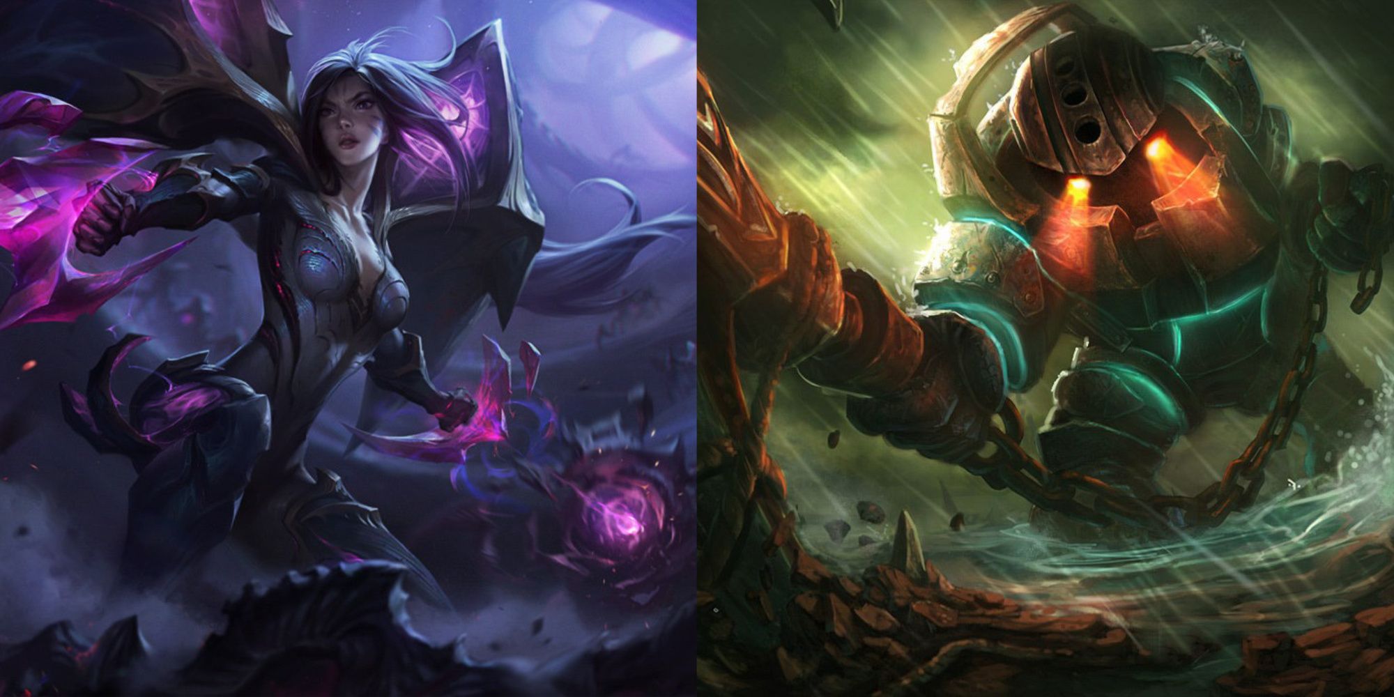 A split image from League of Legends of the champions Kai'sa And Nautilus. Kai'sa is a girl that was forced to survive in the void, while Nautilus is a large diving suit that launches hooks.