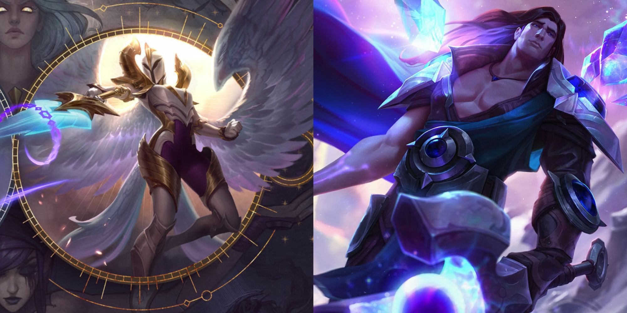 A split image from League of Legends of the champions Kayle And Taric. Kayle is an ascended angel, while Taric also ascended by climbing up the incredibly high Mount Targon, thus giving him powers.