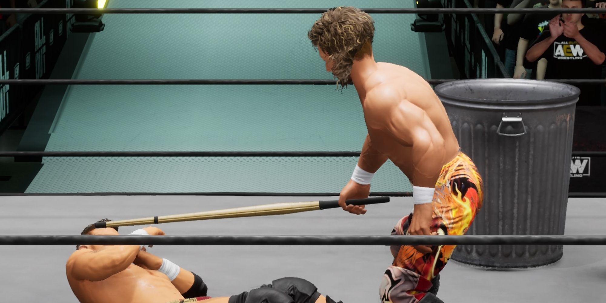 Kenny Omega hits a grounded MJF with a Kendo Stick in AEW Fight Forever.