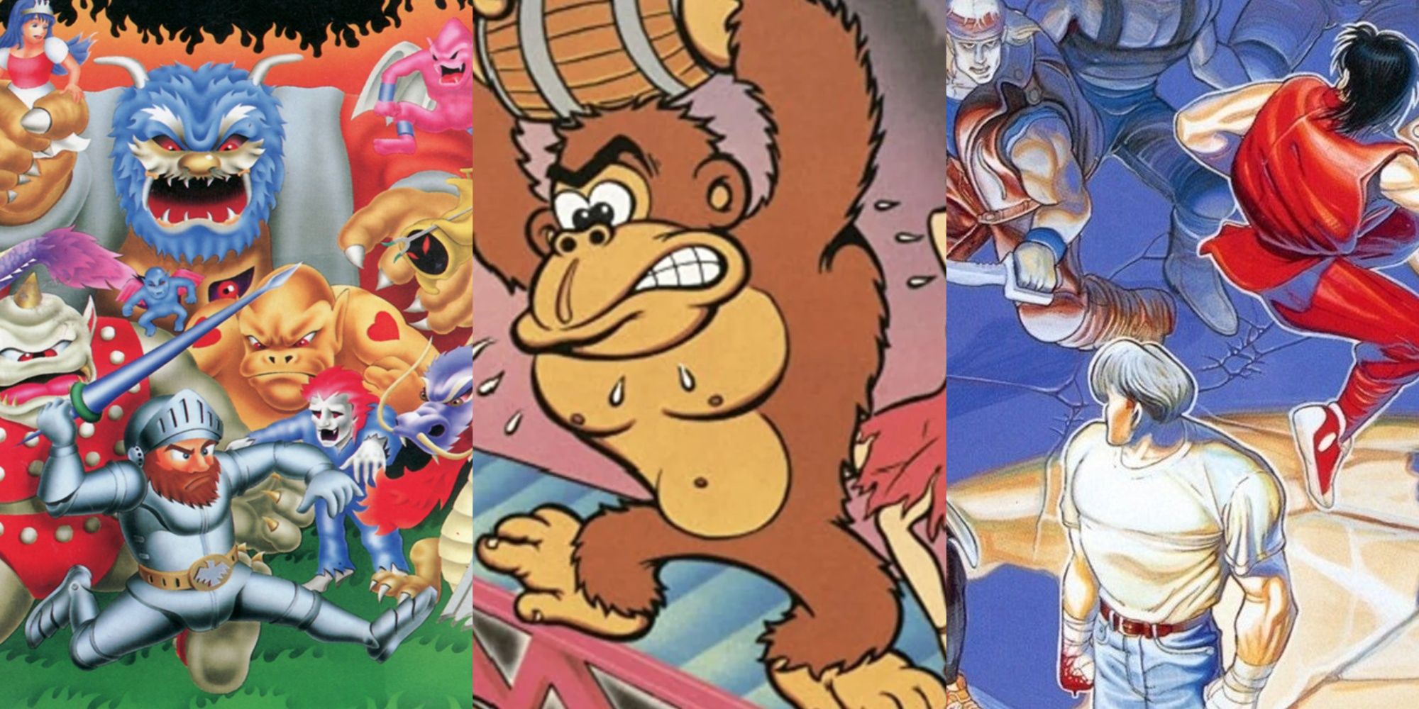 Key art for Ghosts 'n Goblins, Donkey Kong, and Final Fight.
