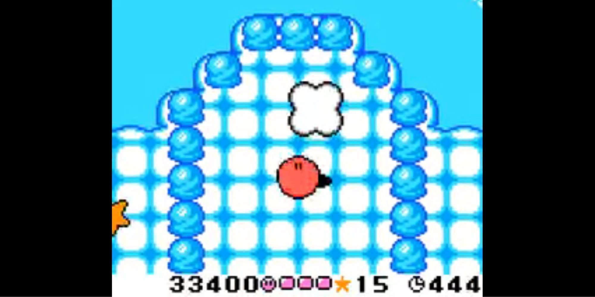 Kirby rolls around on an icy platform