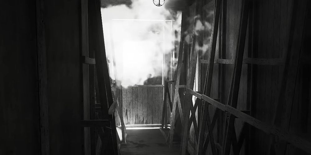 A fire bursts out in a hallway between wooden wall supports.