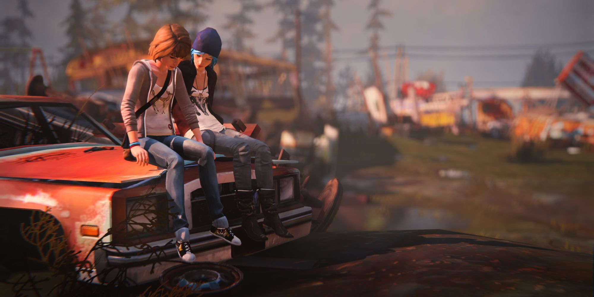 Life Is Strange screenshot of Max and Chloe sitting on the hood of a red car.