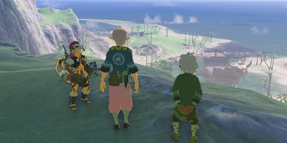 Link, Bolson, and the Mayor looking over ruined Lurelin