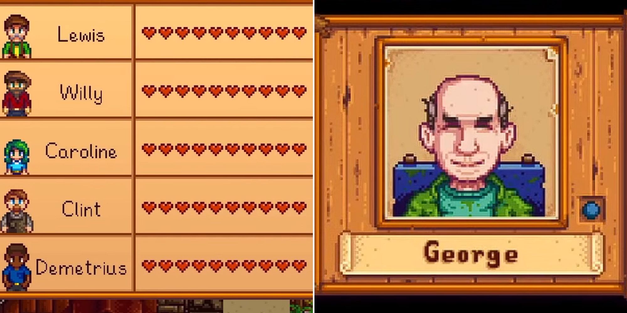 Max hearts for the villagers and George happy about a gift in Stardew Valley