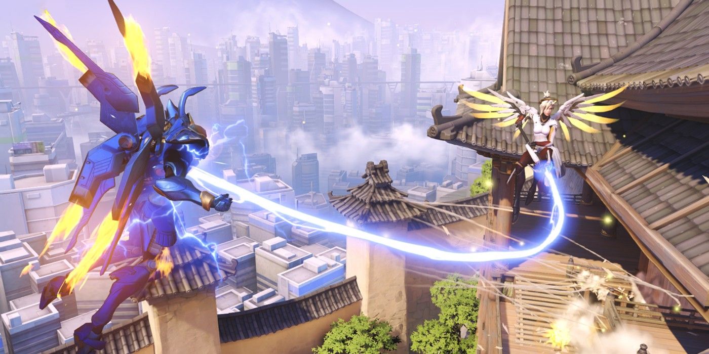 Mercy Pharah Overwatch 2 flying boosting in air 