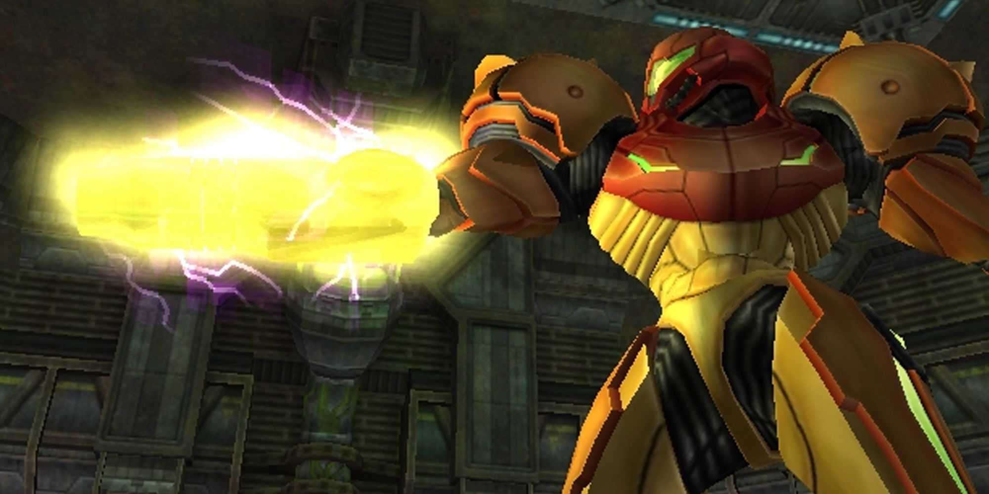 Metroid Prime 2 Samus side-profile, firing her arm canon as it glows yellow with purple lightning