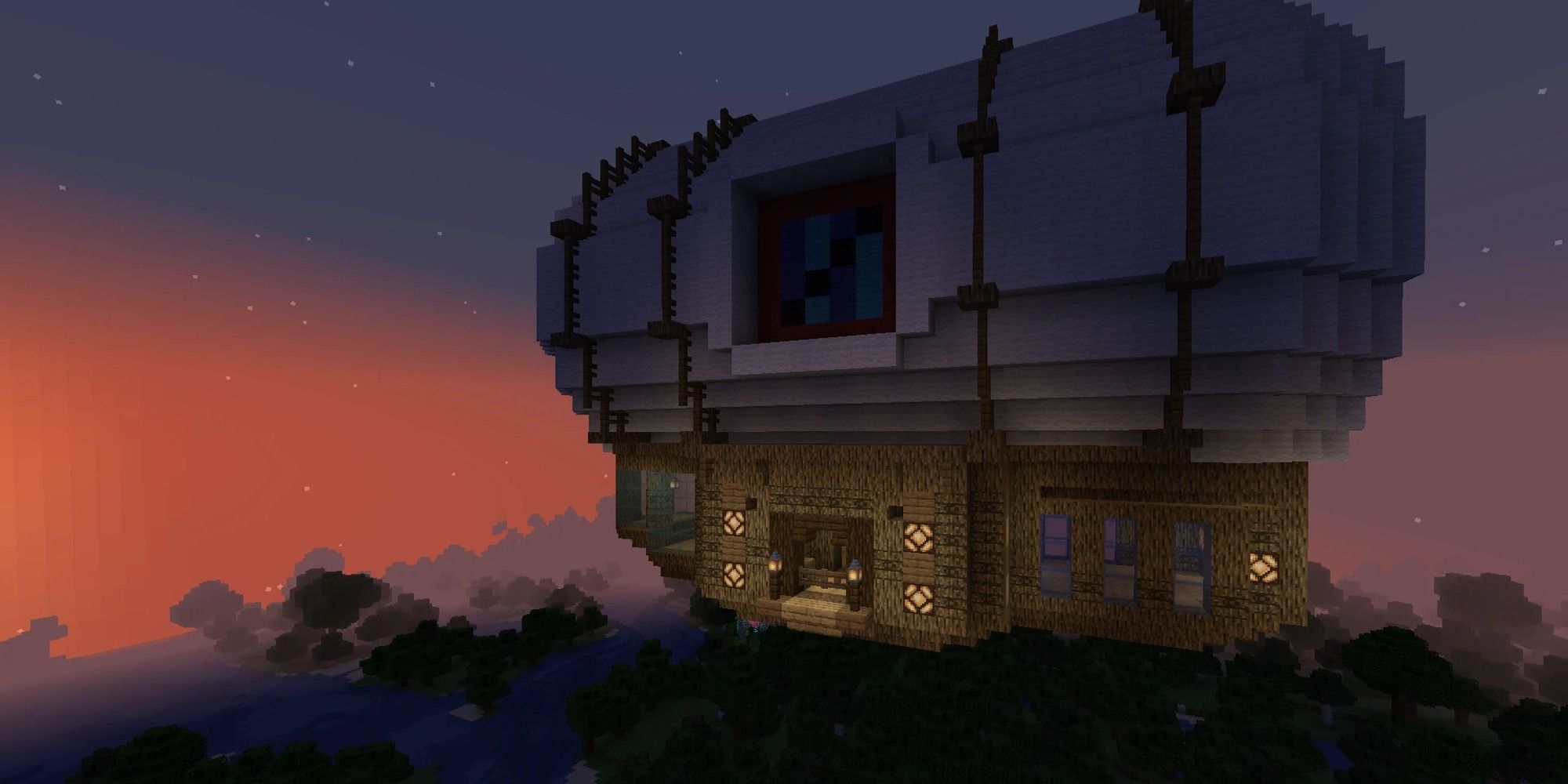 A giant Minecraft airship overlooks a sunset