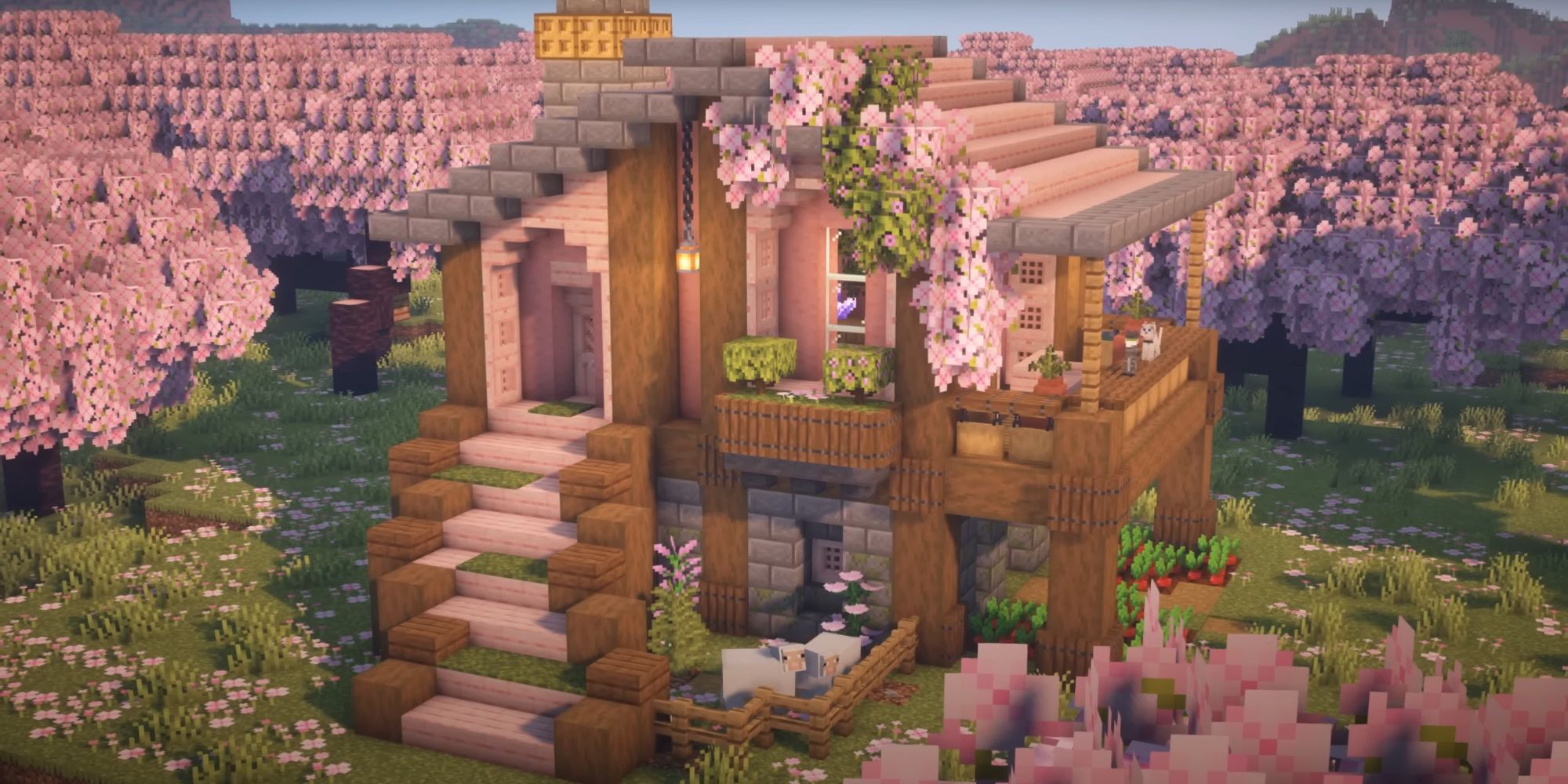 An image from Minecraft of a Cherry Blossom Survival House. This is built within a cherry blossom biome, and is made out of spruce logs and pink cherry blossom planks.