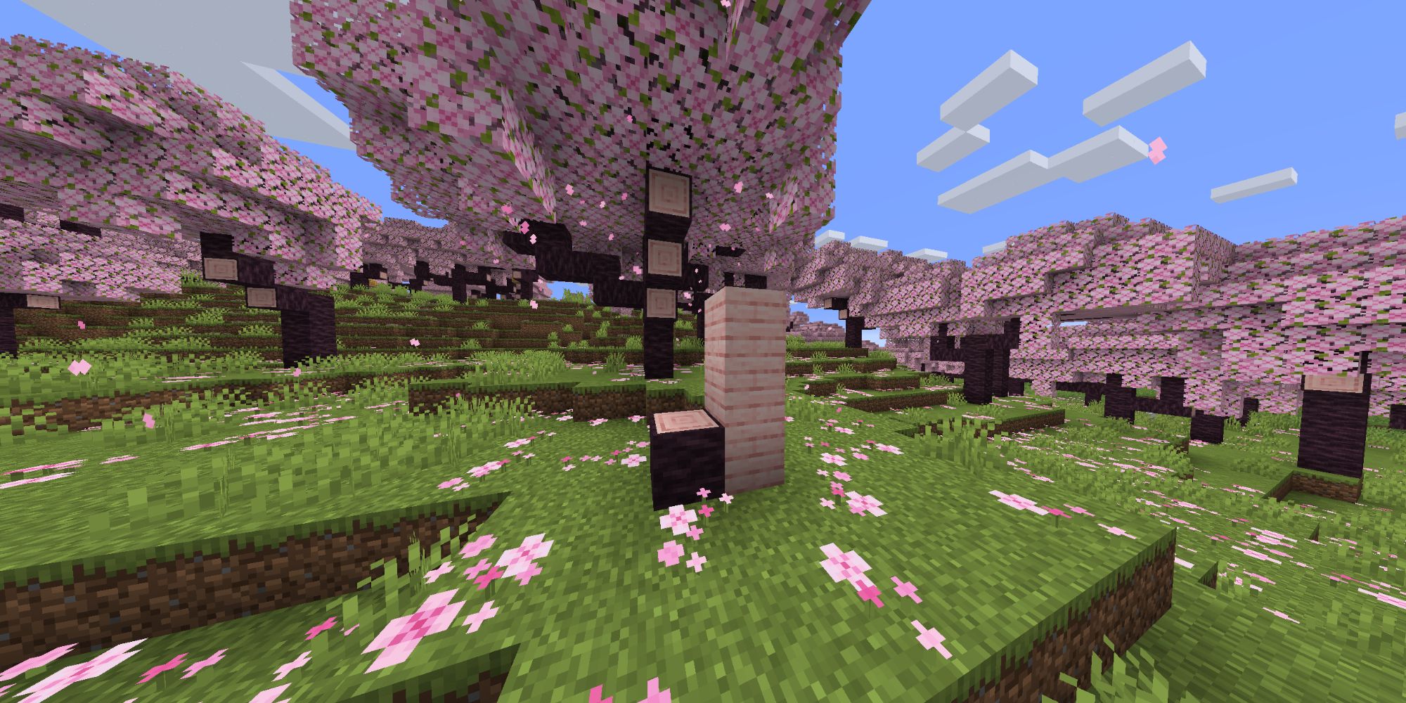 An image from Minecraft of the Cherry Blossom Wood. There are three Cherry Blossom planks alongside a singular log sitting in a Cherry Blossom biome