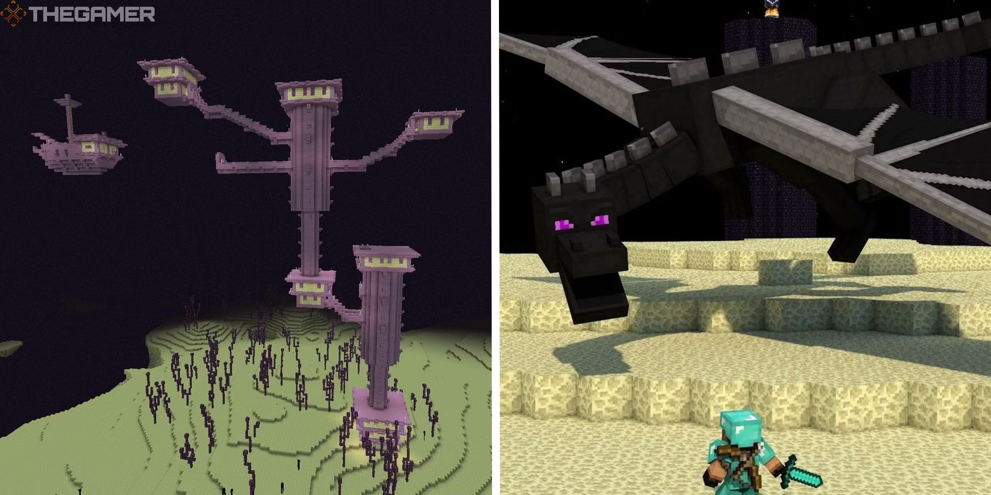 minecraft end city from a distance next to image of player fighting the ender dragon