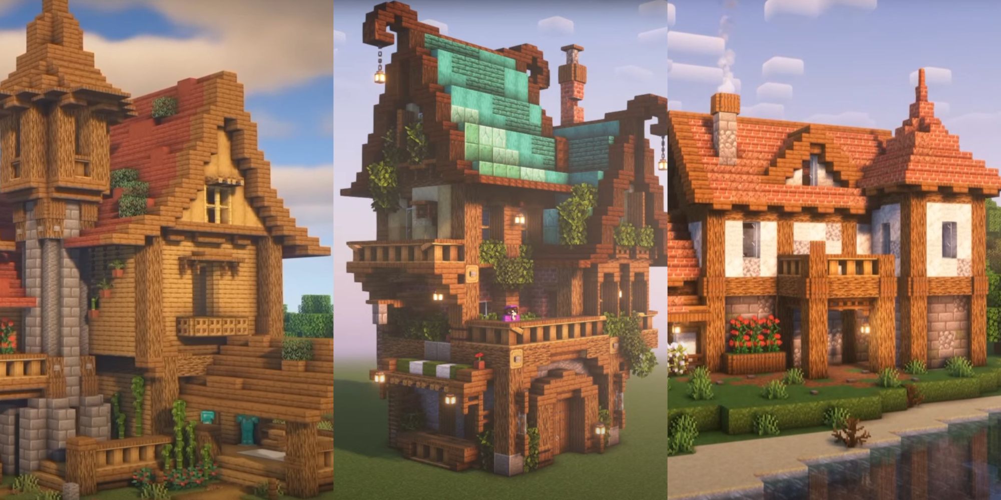 An image from Minecraft, featuring three different houses with unique building styles. This phoot features a traditional wooden house, a fantasy inspired mansion, and a classic house with a brick roof.