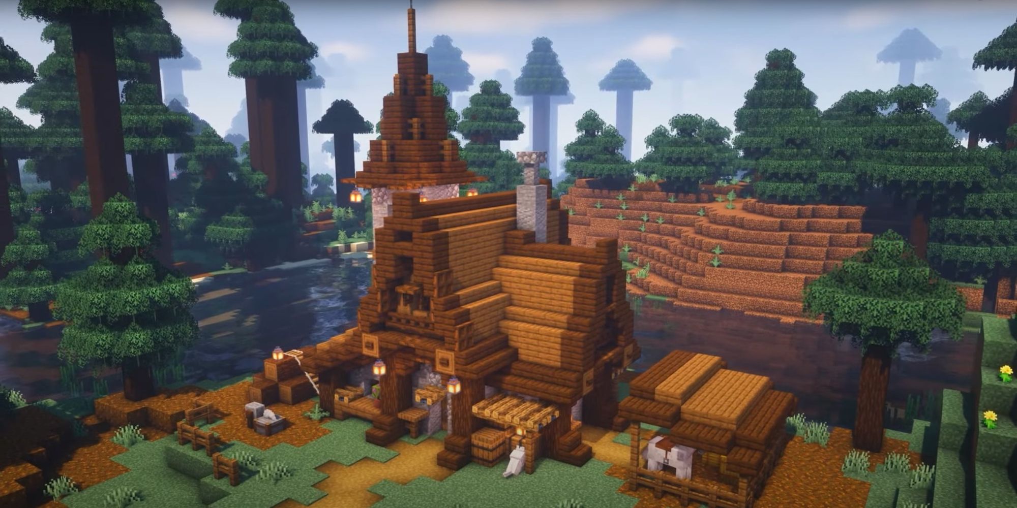 An image from Minecraft of a Medieval Survival House, created with dark oak and spruce planks. This house features a large tower and a small barn for a horse.