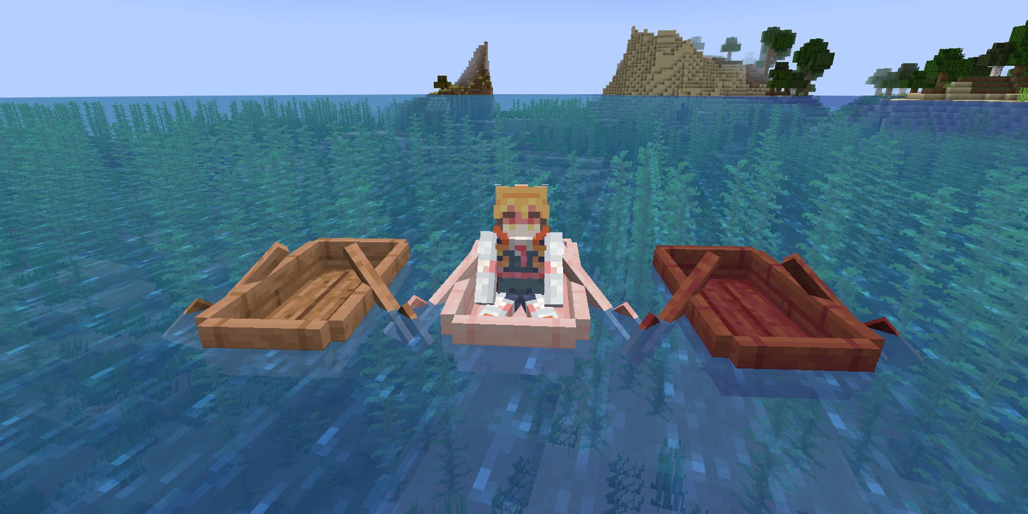 minecraft player sitting in boat with two empty boats next