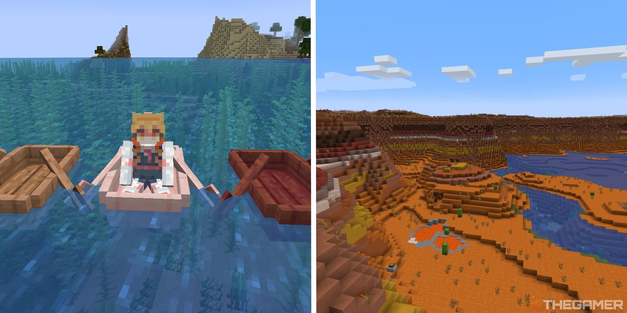 split image showing player in boat next to image of badlands biome