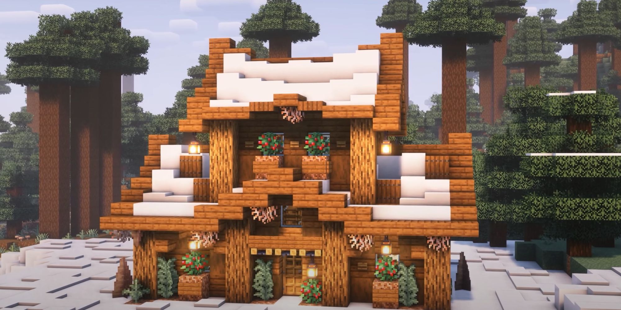 An image from Minecraft of a spuce survival house built within a snowy forest. This house uses dead plants and berries alongside the snow covered wood. 