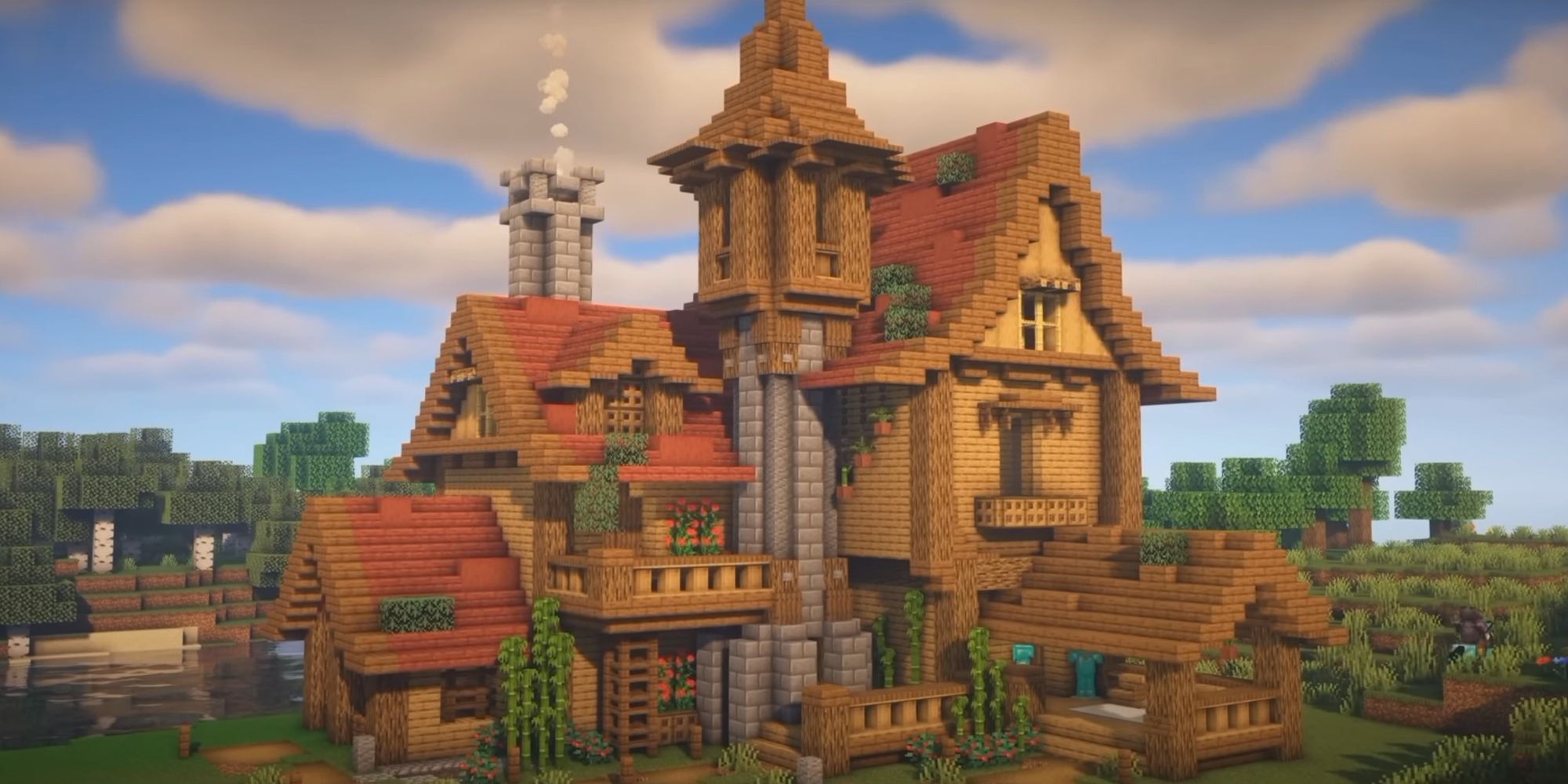 An image from Minecraft of a classic Wooden Mansion. This house combines the different wood types in minecraft, and adds a large tower, to create an appealing home.