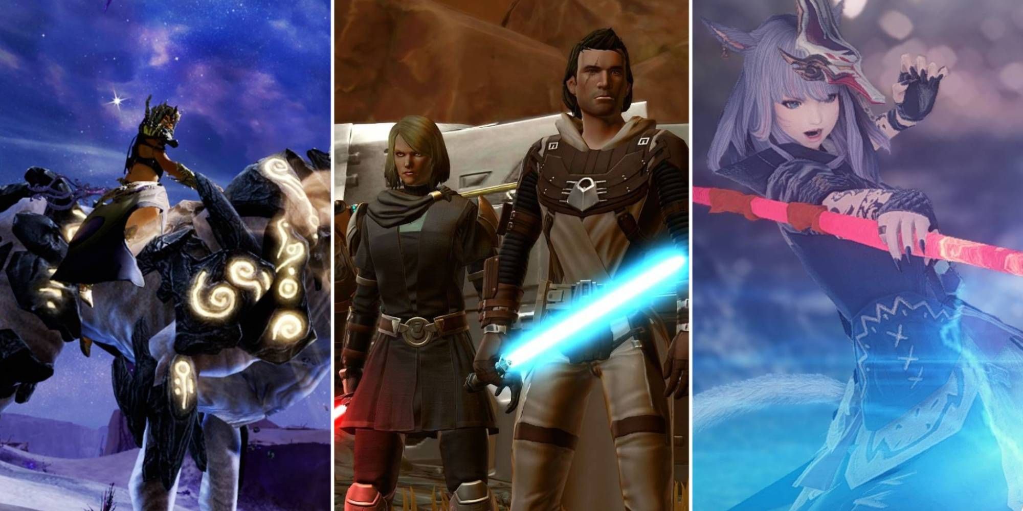 A collage of images featuring a woman sitting on a giant wolf, Jedi and Sith and a mage casting a spell