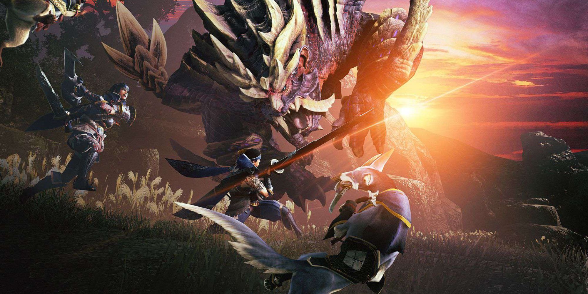 Monster Hunter Rise characters fighting a giant scaly monster