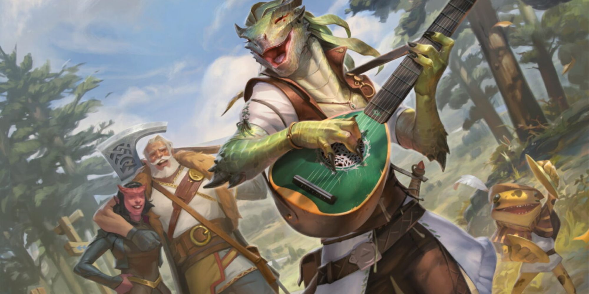 lizardfolk bard playing instrument and singing for friends