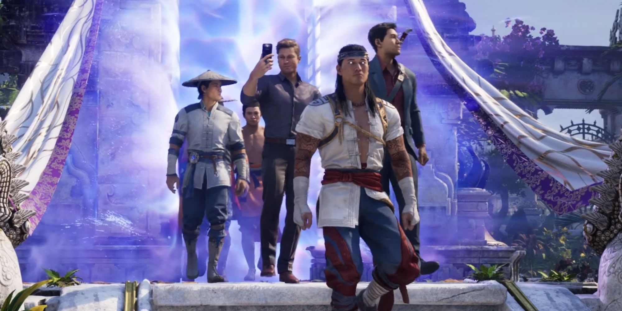Liu Kang, Johnny Cage, Kenshi, Kung Lao, and an unknown warrior walking thriugh a portal