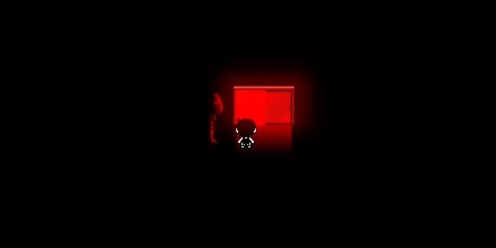 Black and white pixel character walks down a red hallway