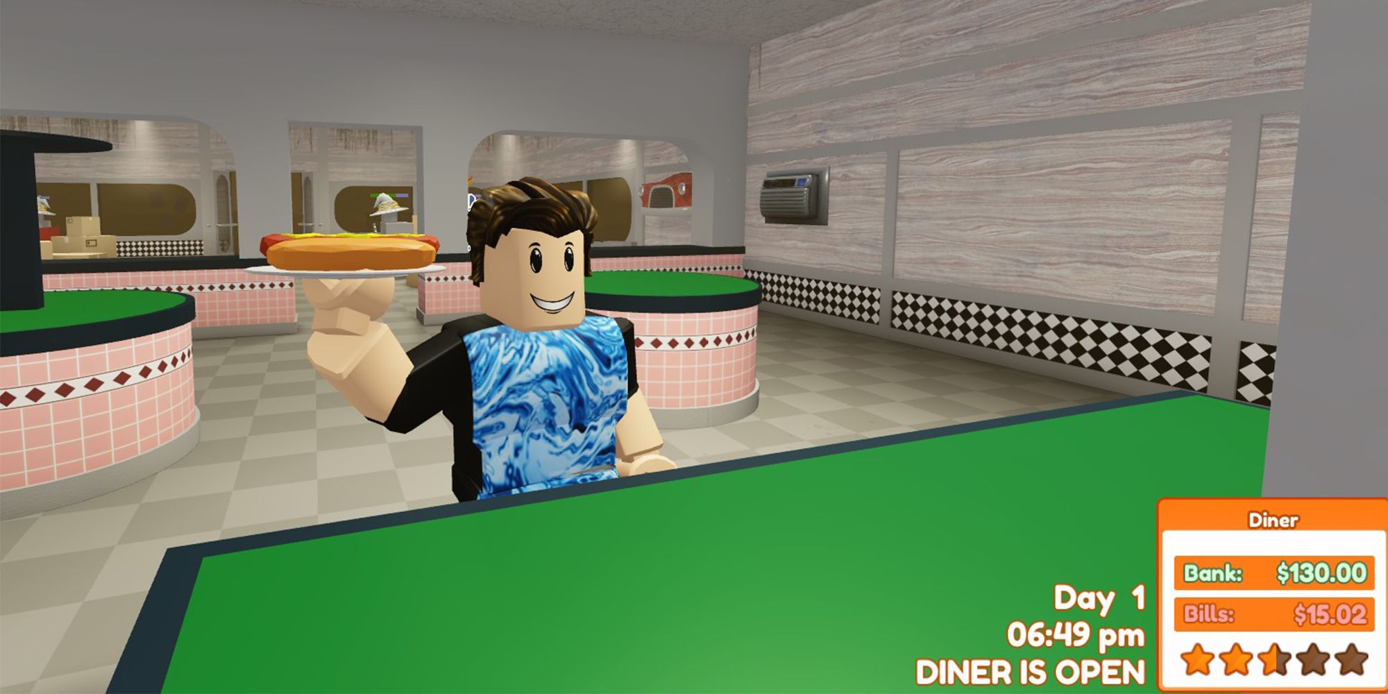 A diner server holds a hot dog on a plate inside a restaurant kitchen in the Roblox game, Diner Simulator.