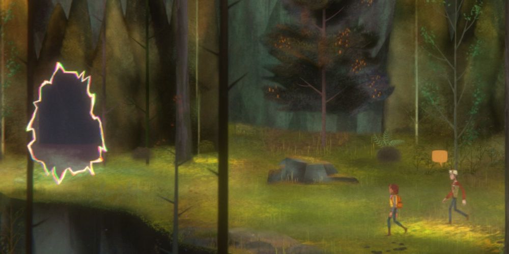 riley poverly and jacob summers visit the forest in the past of garland using a time tear in oxenfree 2: lost signals