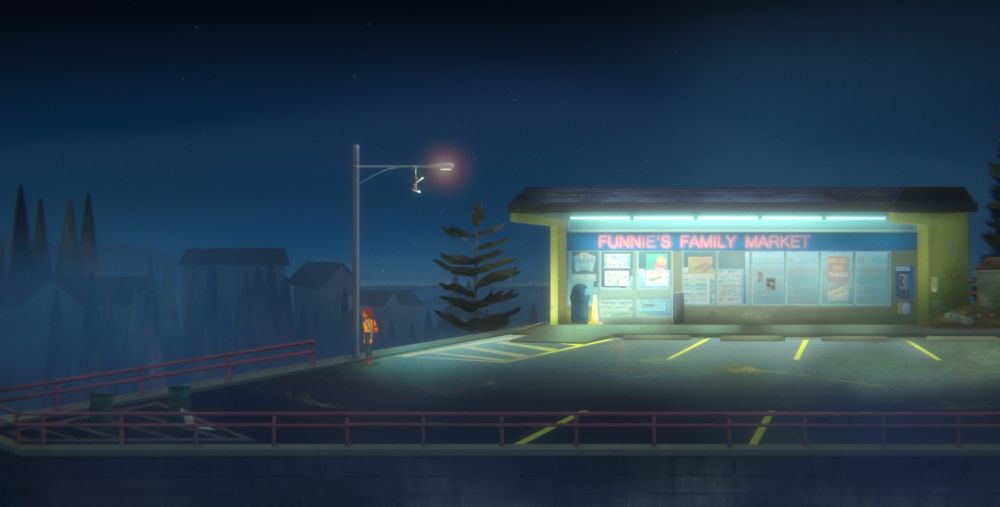 riley poverly stands under a street light with sneakers hanging from it in the parking lot of funnie's family market in oxenfree 2: lost signals