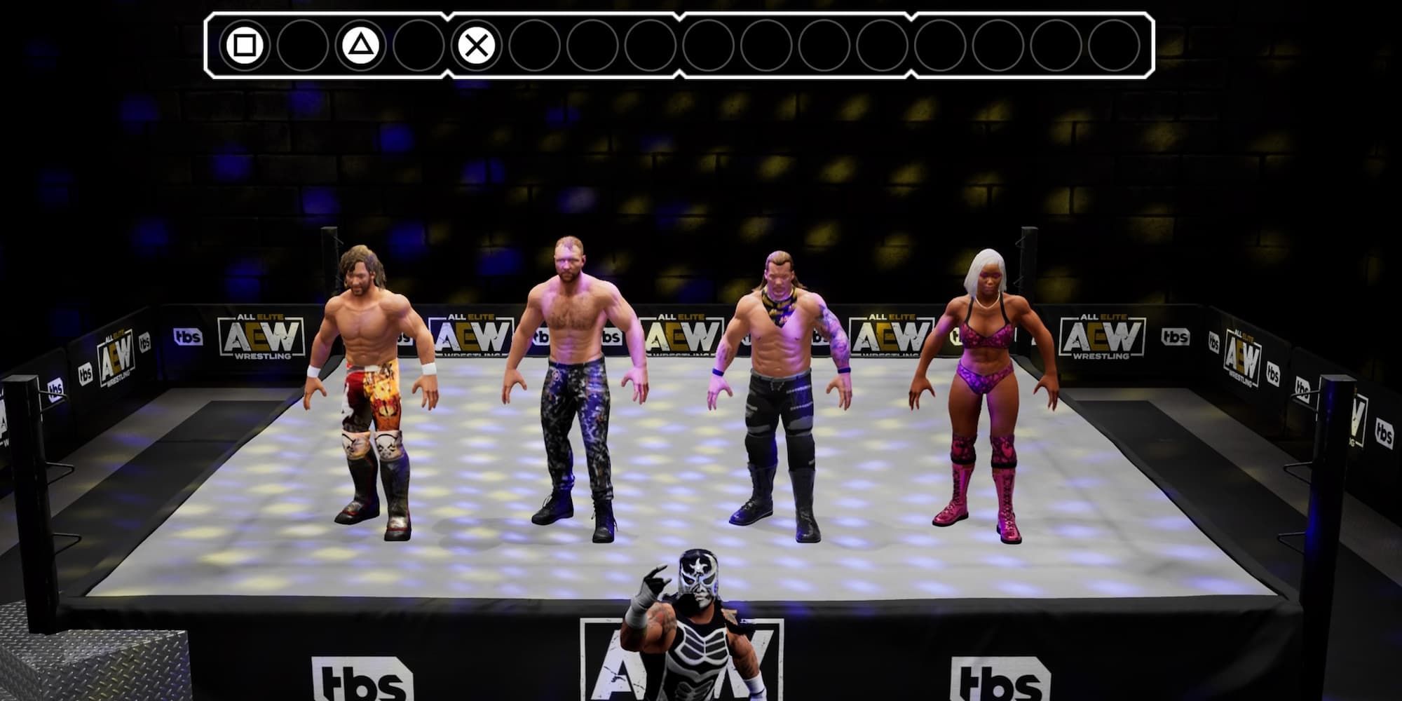 Penta poses as the wrestlers wait to repeat what he does in Penta Says in AEW: Fight Forever.