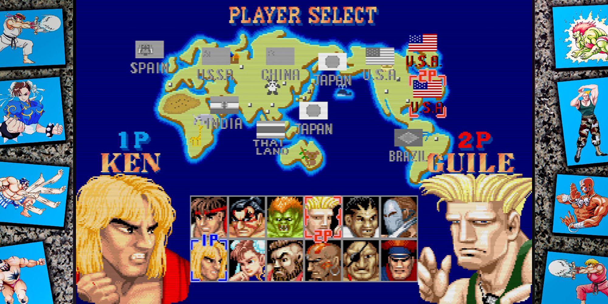 The player select screen, featuring the four kings for the first time, in Street Fighter 2: Champion Edition.