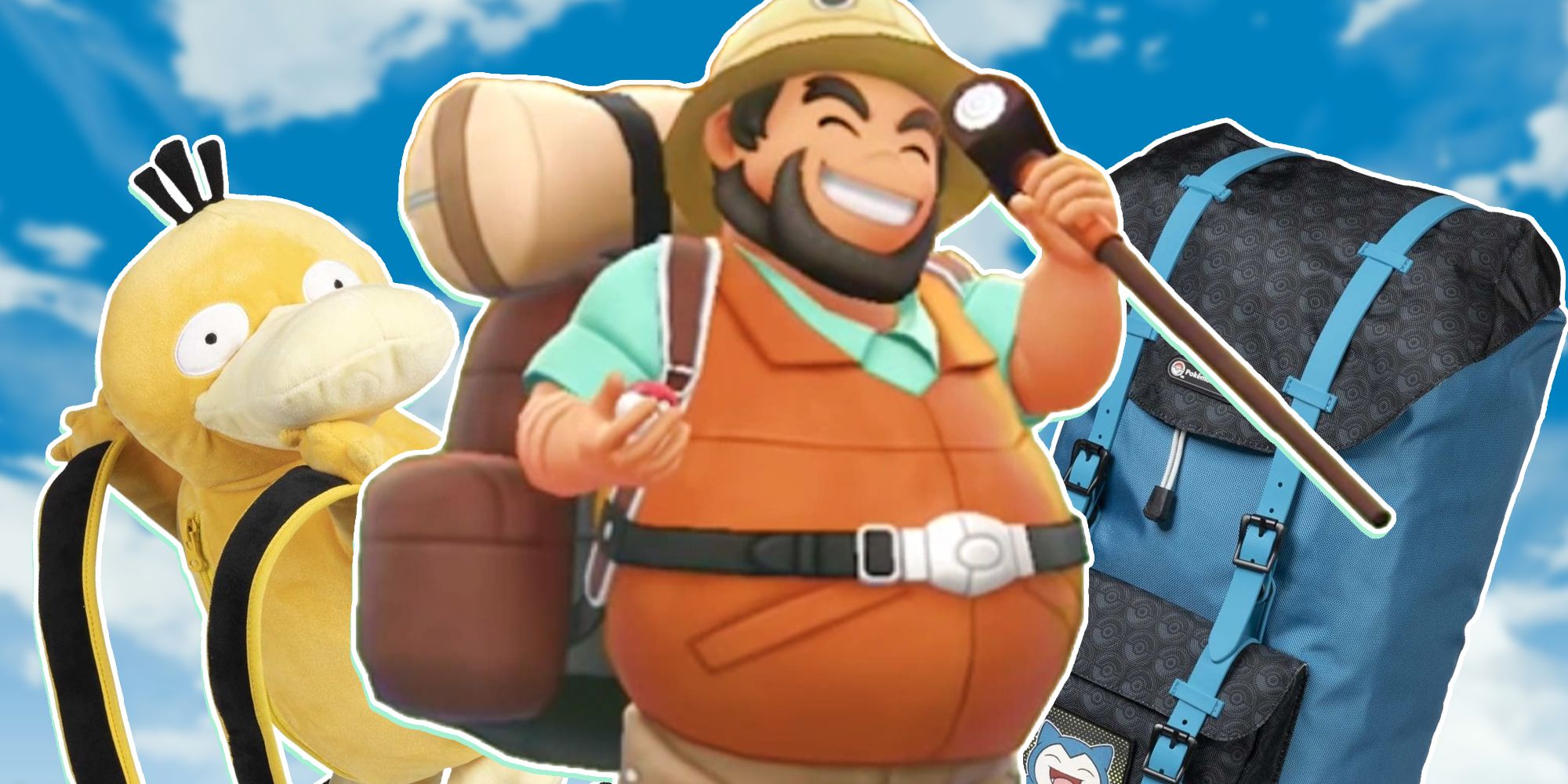 pokemon character with backpacks behind him
