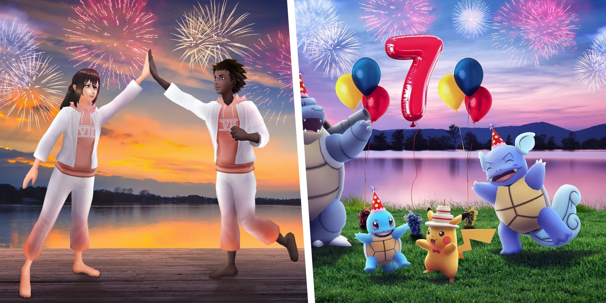 Collage Image of Pokemon Go showing two trainers celebrating and a Blastoise, Squirtle, Pikachu, and Wartortle celebrating as well.