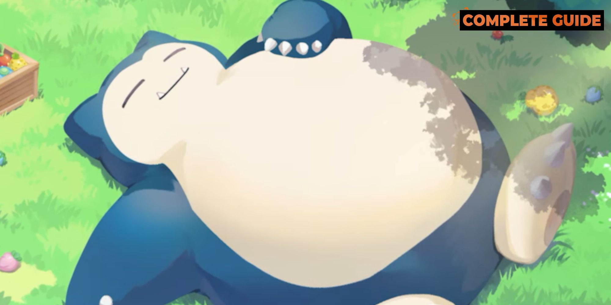 The Pokemon Sleep key artwork that depicts a Snorlax sleeping with a Complete Guide overlay in the top right corner.