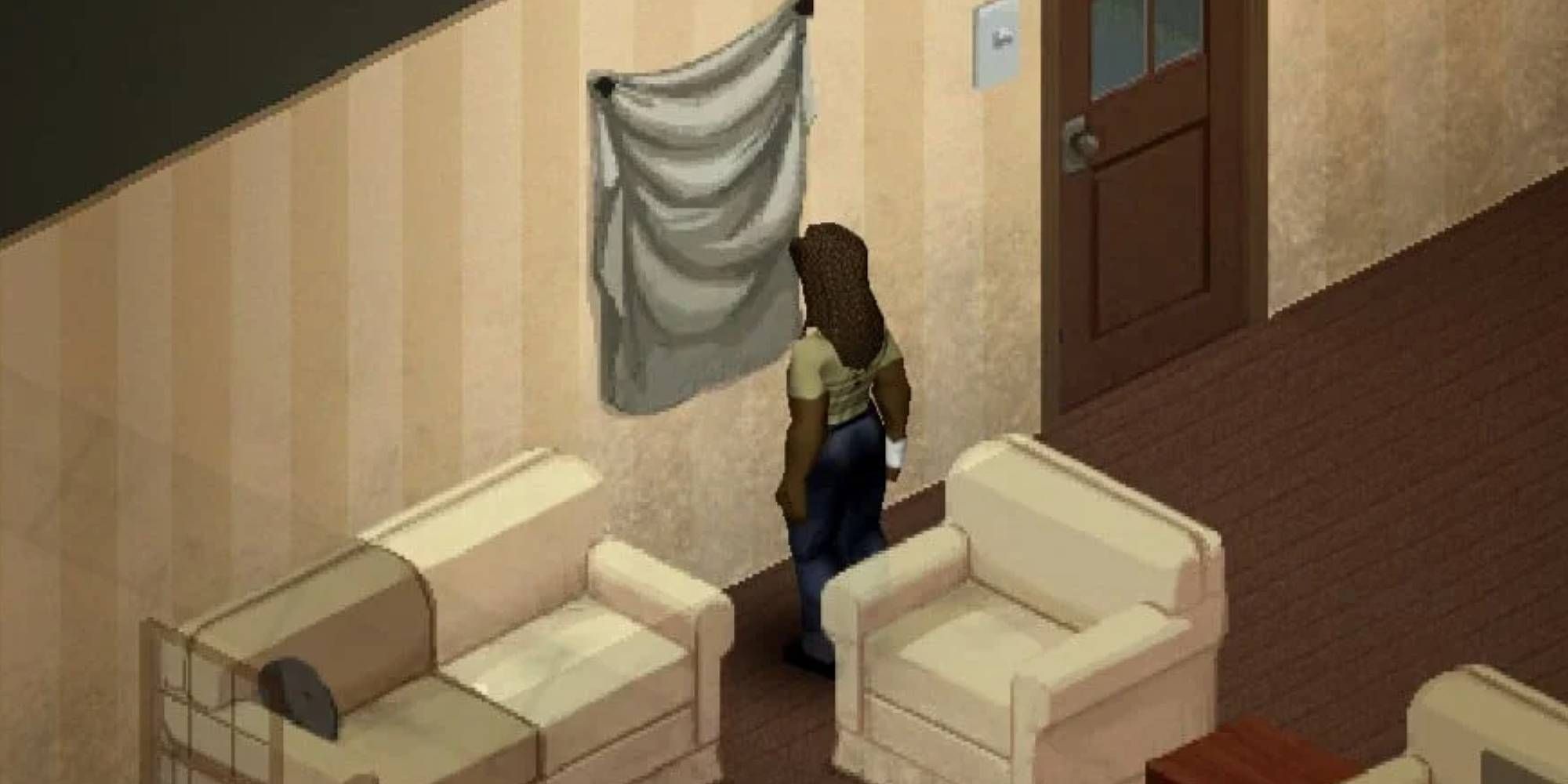 A woman staring at some sheets covering a window