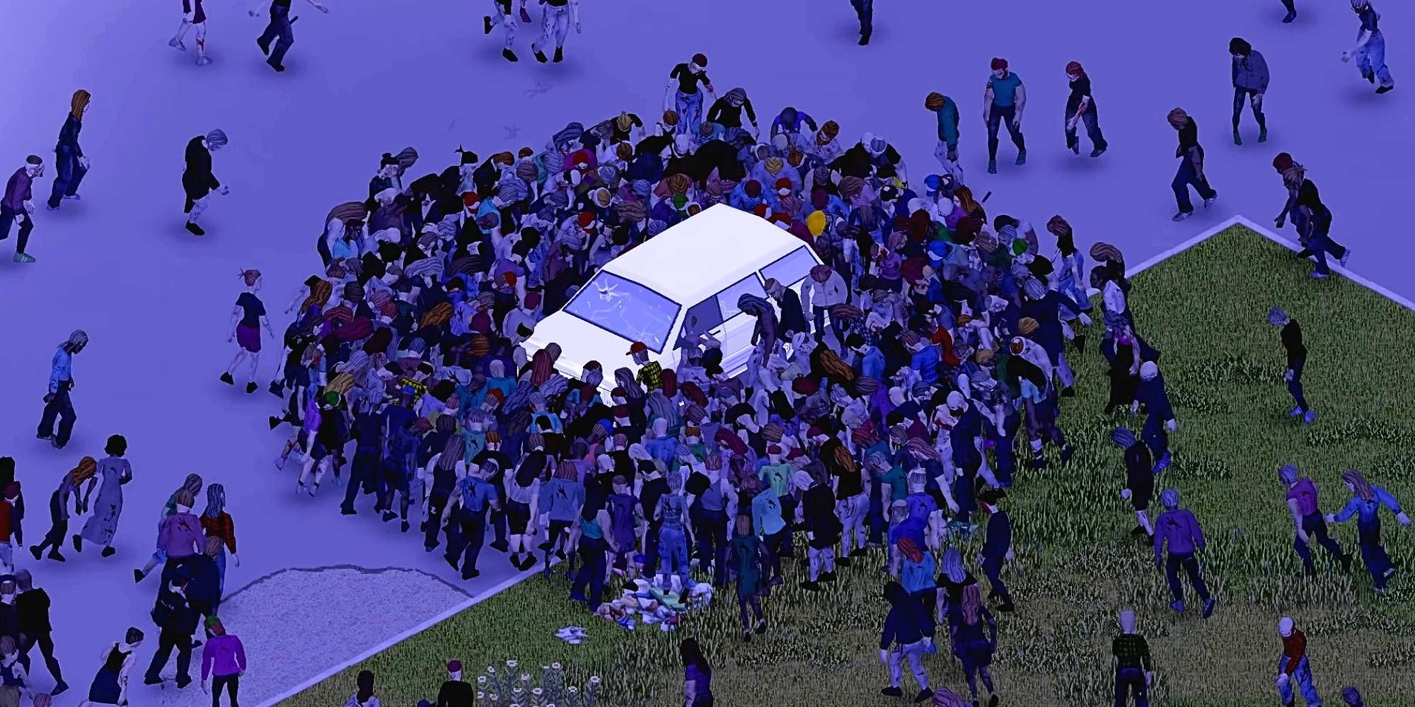 A horde of zombies surround a white car 
