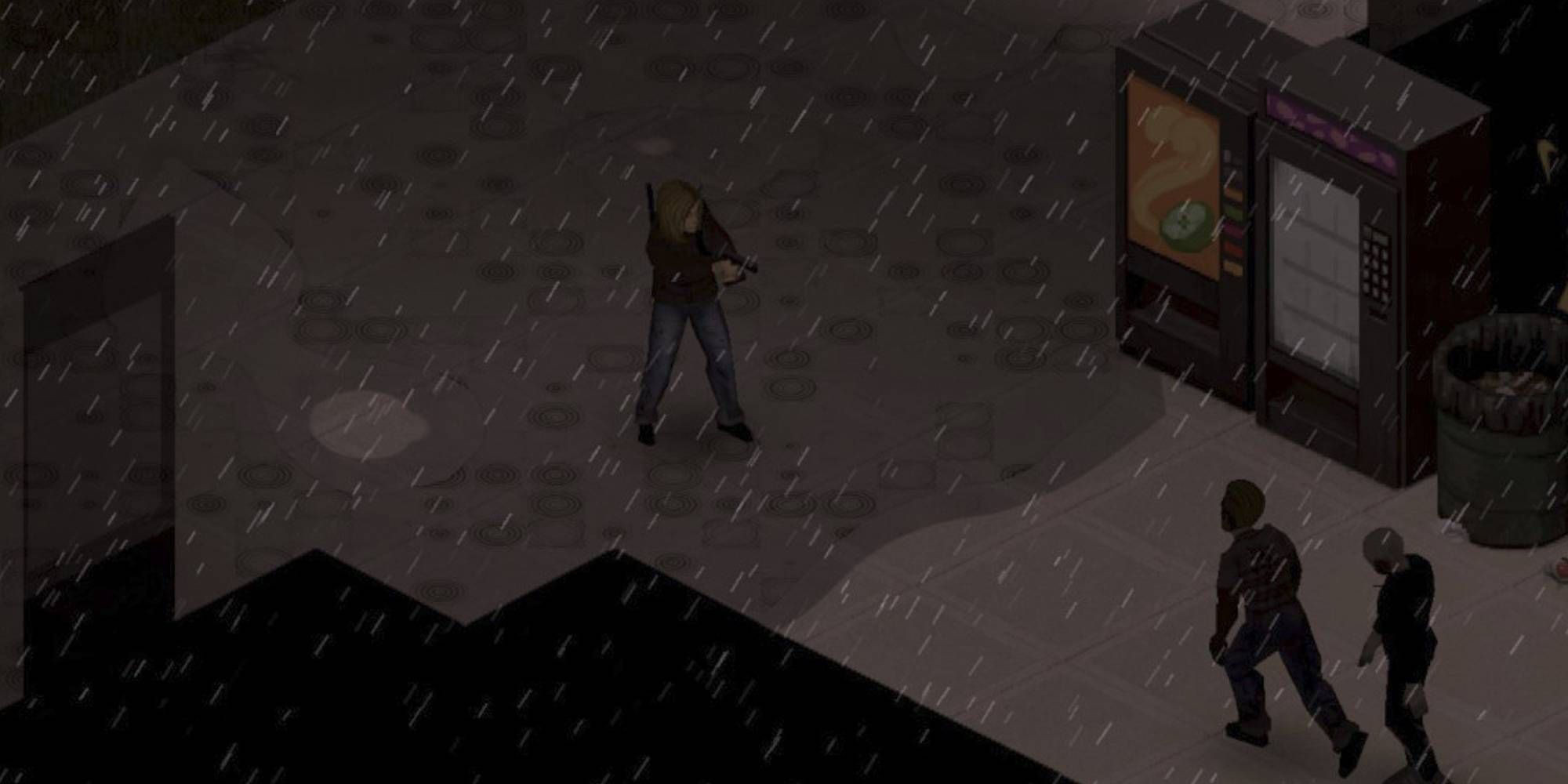 A woman in the rain aiming a gun at two zombies