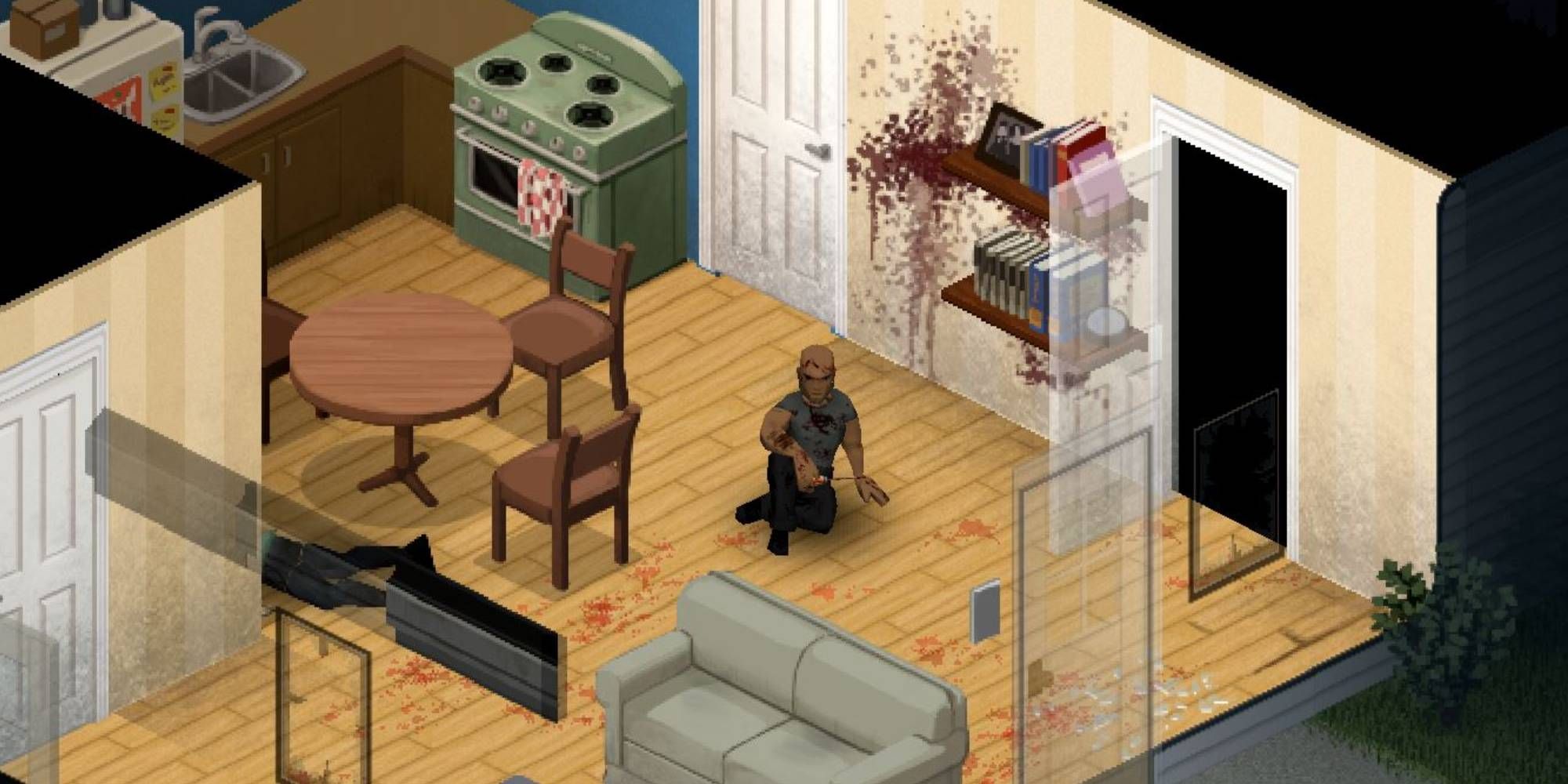 A bloodied figure sitting down in a messy home