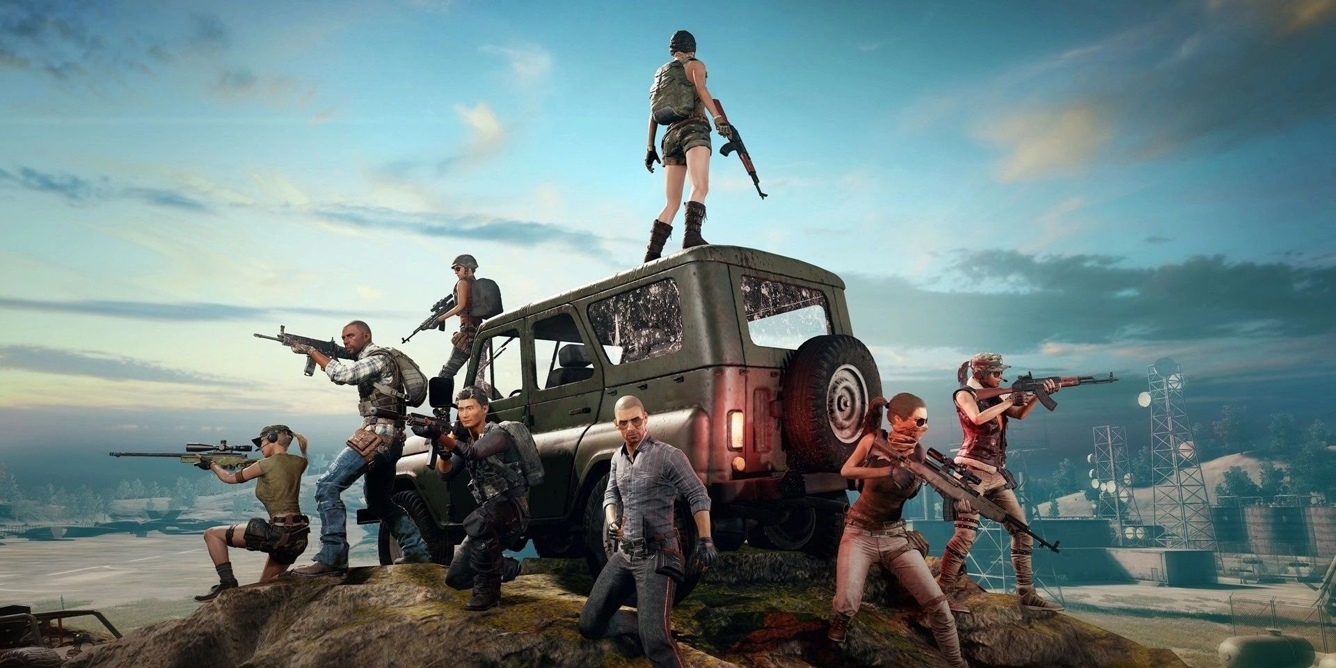 Acht Charaktere mit Waffen umringen ein Auto auf einem nach außen gerichteten Hügel