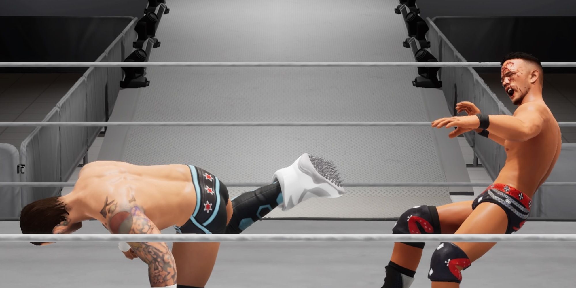 CM Punk connects with a superkick onto Ricky Starks while wearing the Pushpin Shoe weapon in AEW Fight Forever.