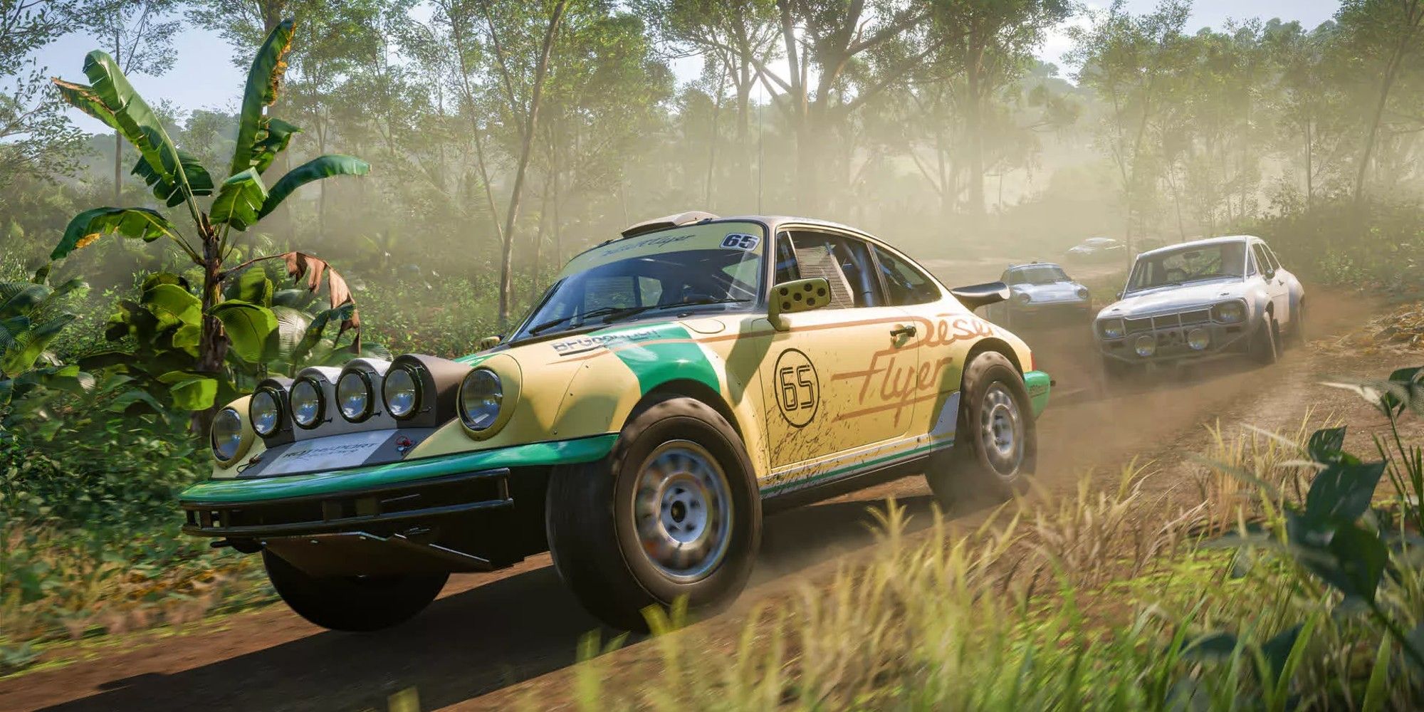 Eine filmische Ansicht eines Rallye-Rennens in Forza Horizon 5.