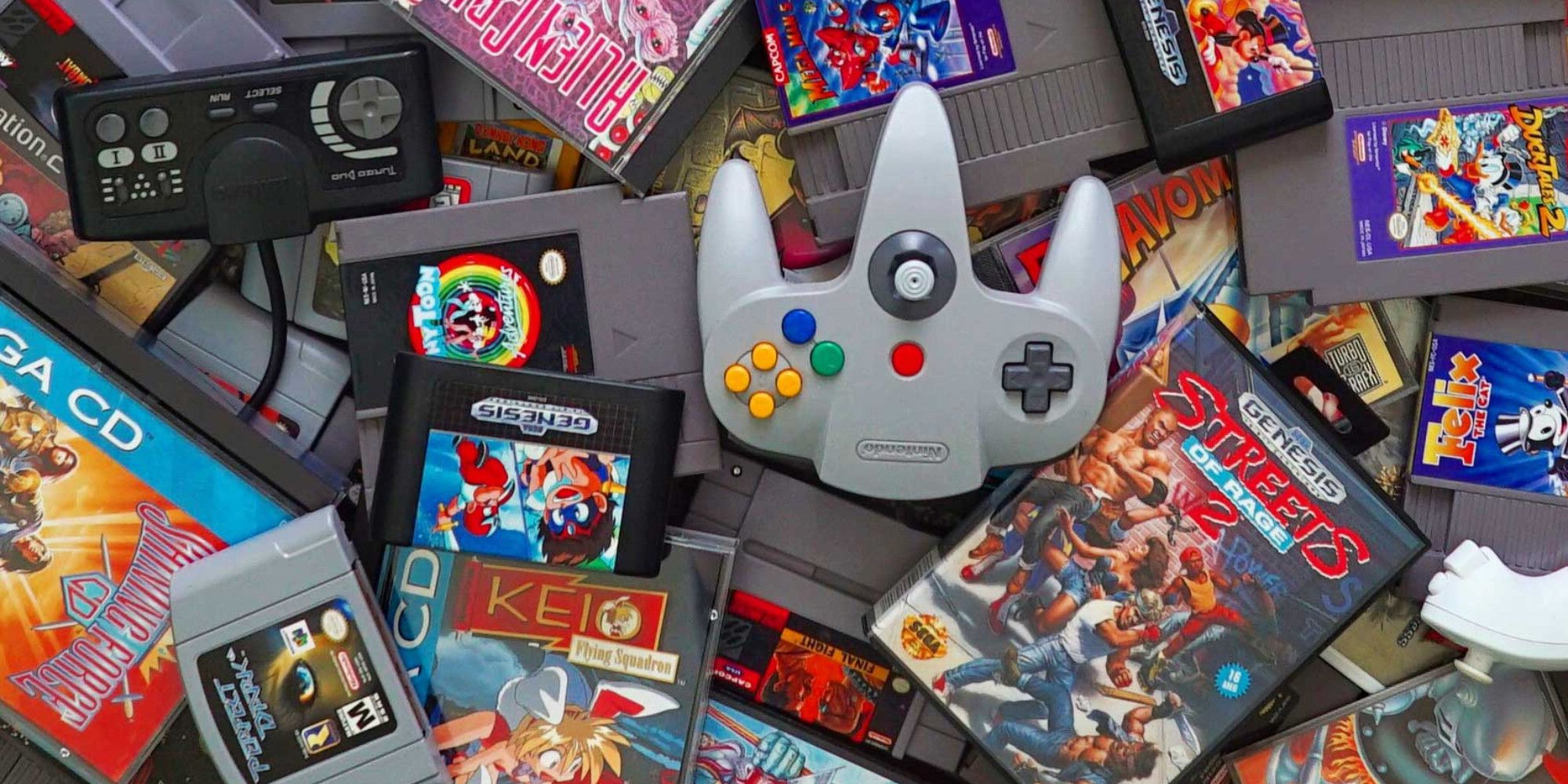 A collection of retro games and controllers