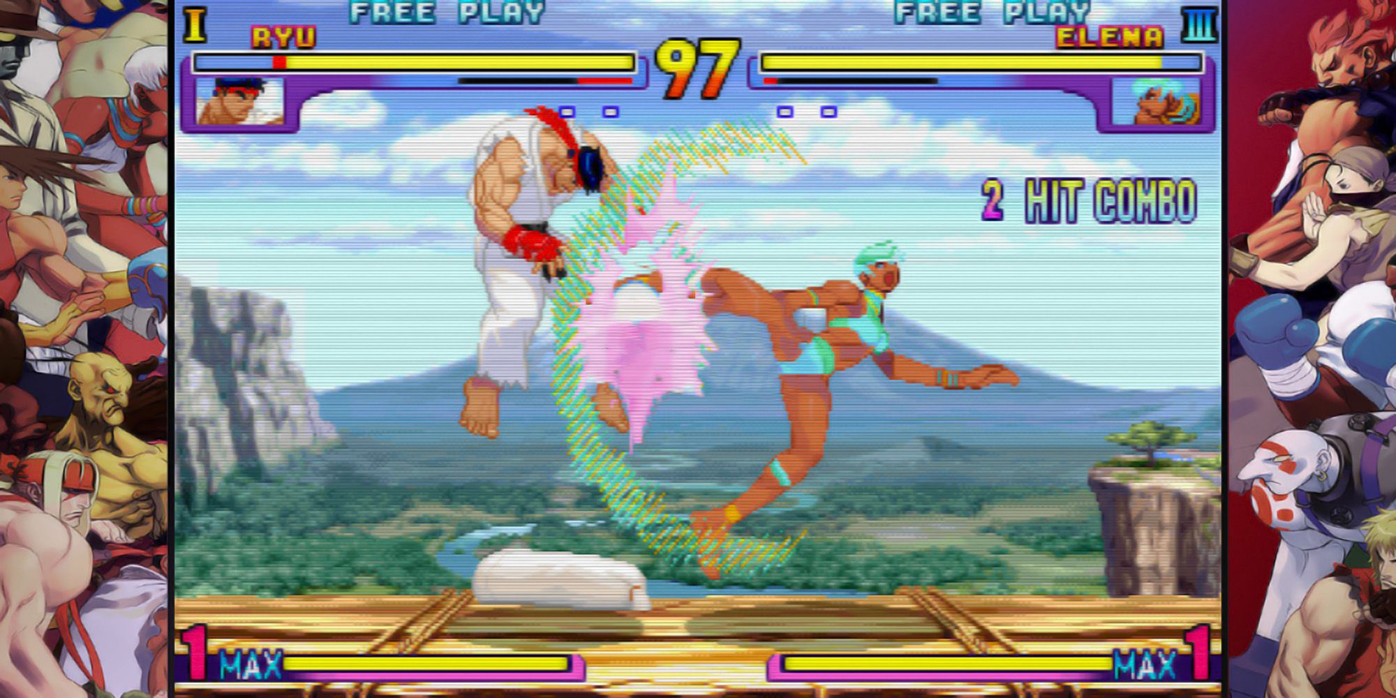 Elena flipkicks Ryu during a match in front of a mountain in Street Fighter 3: New Generation.