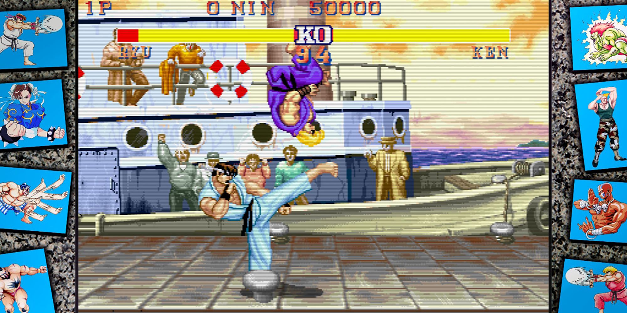 Ryu and Ken fight on a city dock in Street Fighter 2: Hyper Fighting