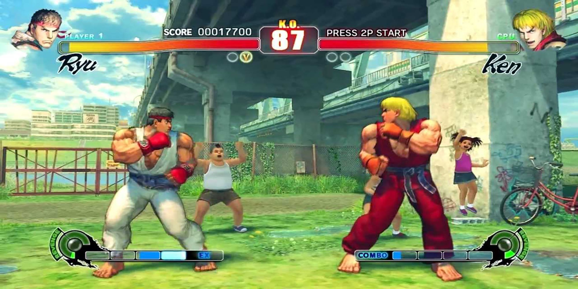 Ryu and Ken face off in a match under an overpass in Street Fighter 4.