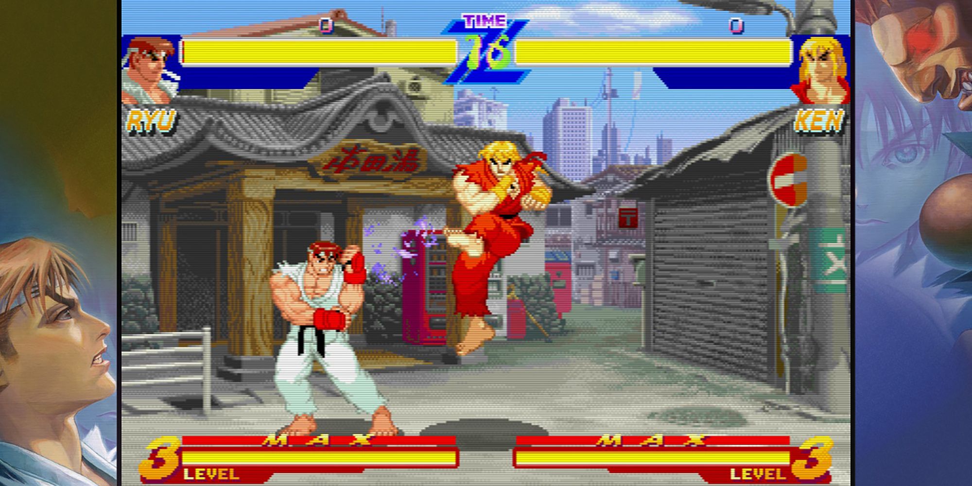Ken kicks Ryu in the face with his Tatsumaki-Senpkyaku during a match on a city street in Street Fighter Alpha.